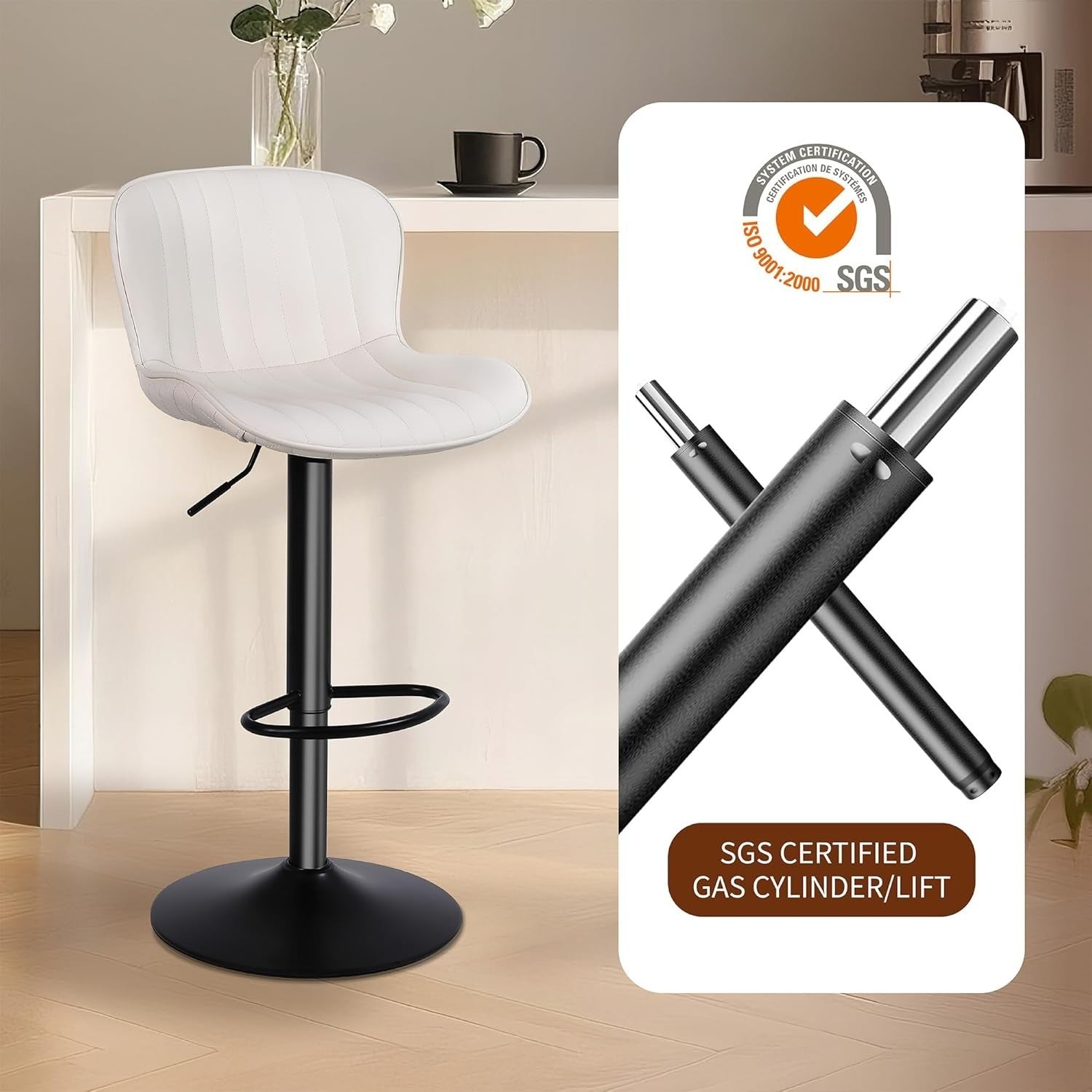 Beige PU Leather Bar Stools Set of 3 Adjustable Kitchen Counter Chairs