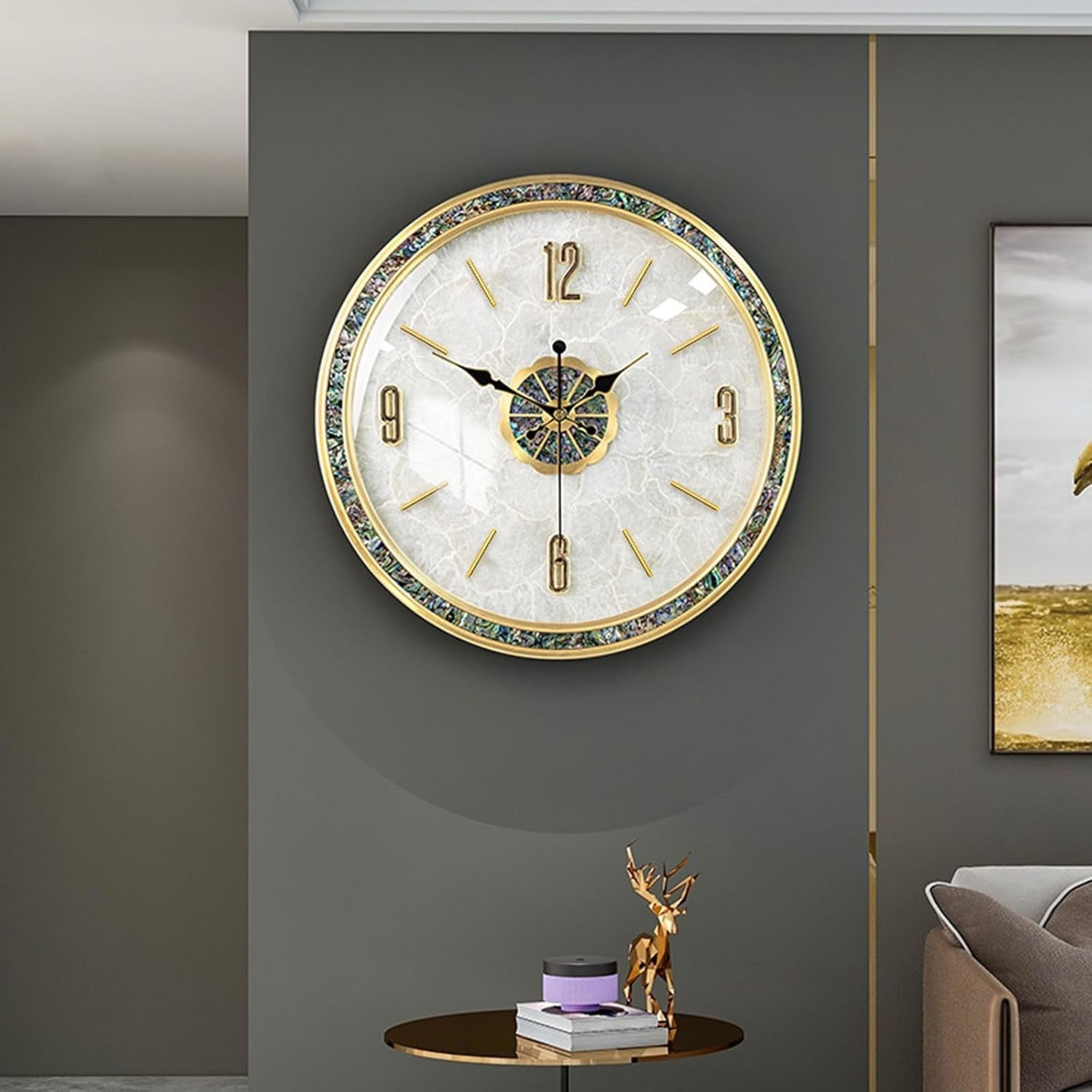 Silent Art Deco Wall Clock - Natural Shell, No Tick, Large 40cm Home Decor