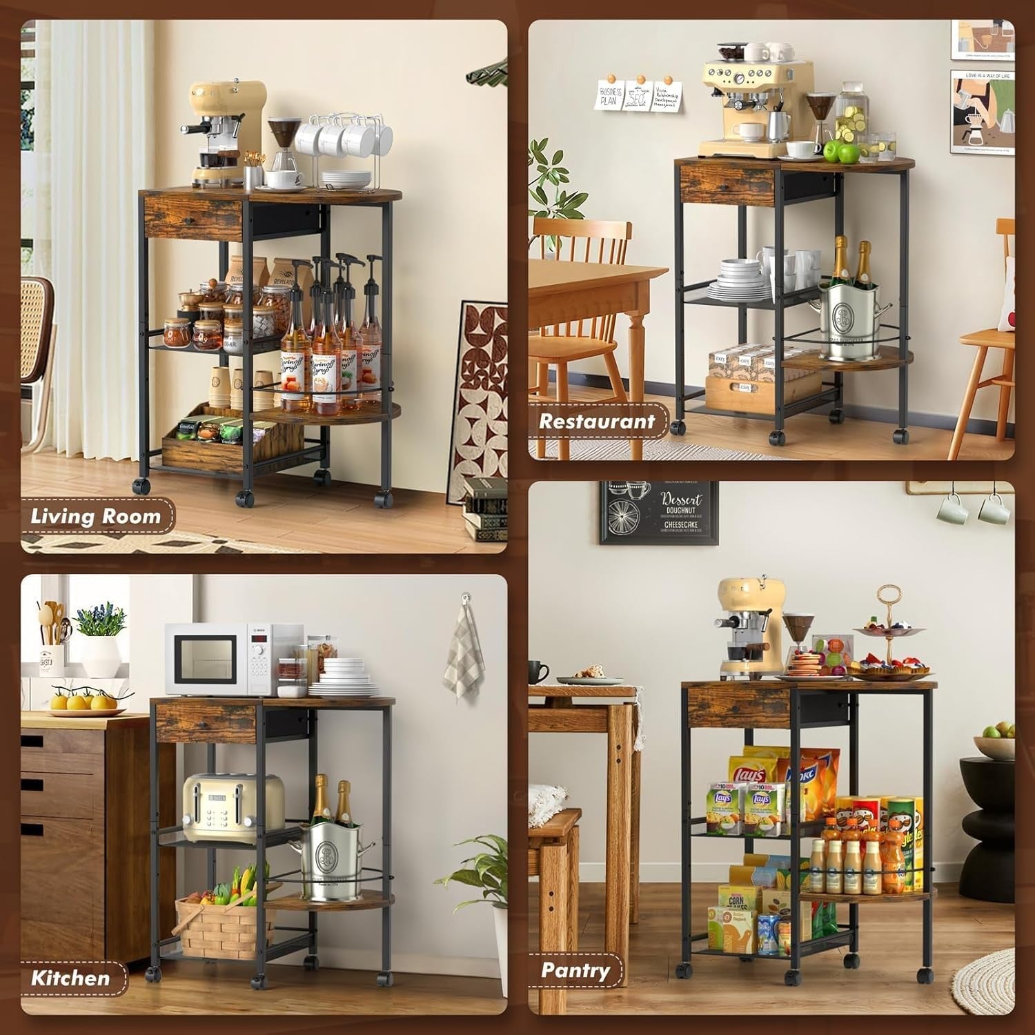 Coffee Station Trolley on Wheels 4 Tier Storage Cart with Drawer & Shelves