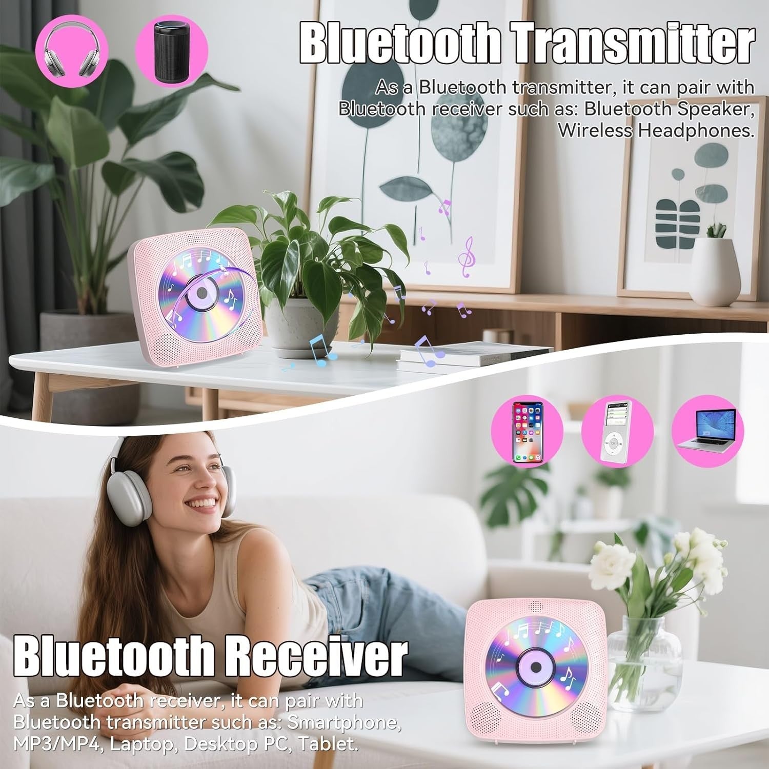 Desktop CD Player Bluetooth Speakers FM Radio USB AUX Remote Pink
