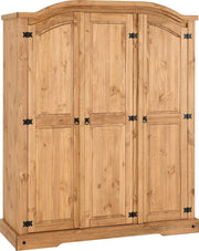 Rustic 3 Door Pine Wardrobe with Hinged Doors & Metal Handles - Bedroom