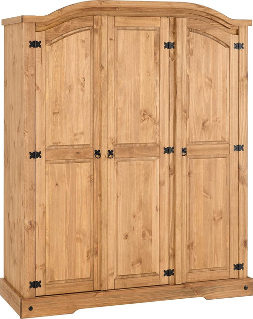 Rustic 3 Door Pine Wardrobe with Hinged Doors & Metal Handles - Bedroom