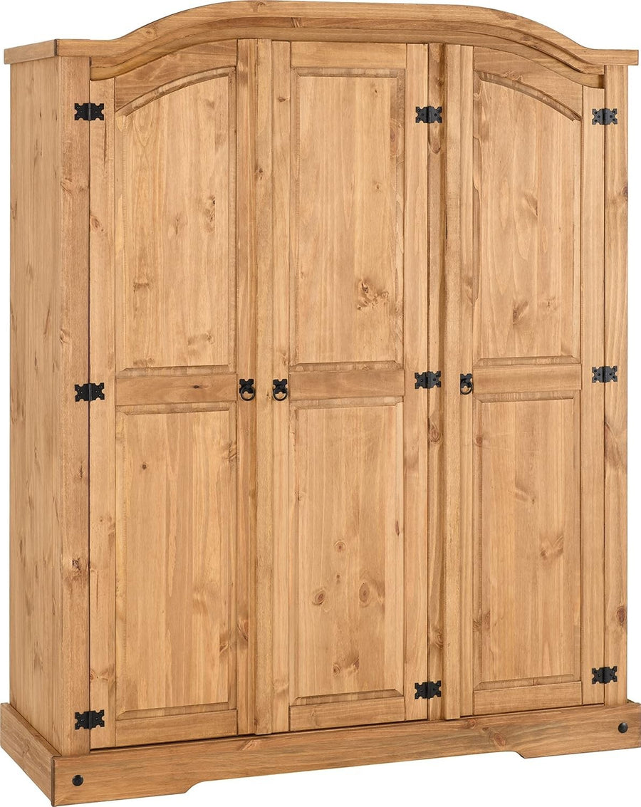 Rustic 3 Door Pine Wardrobe with Hinged Doors & Metal Handles - Bedroom