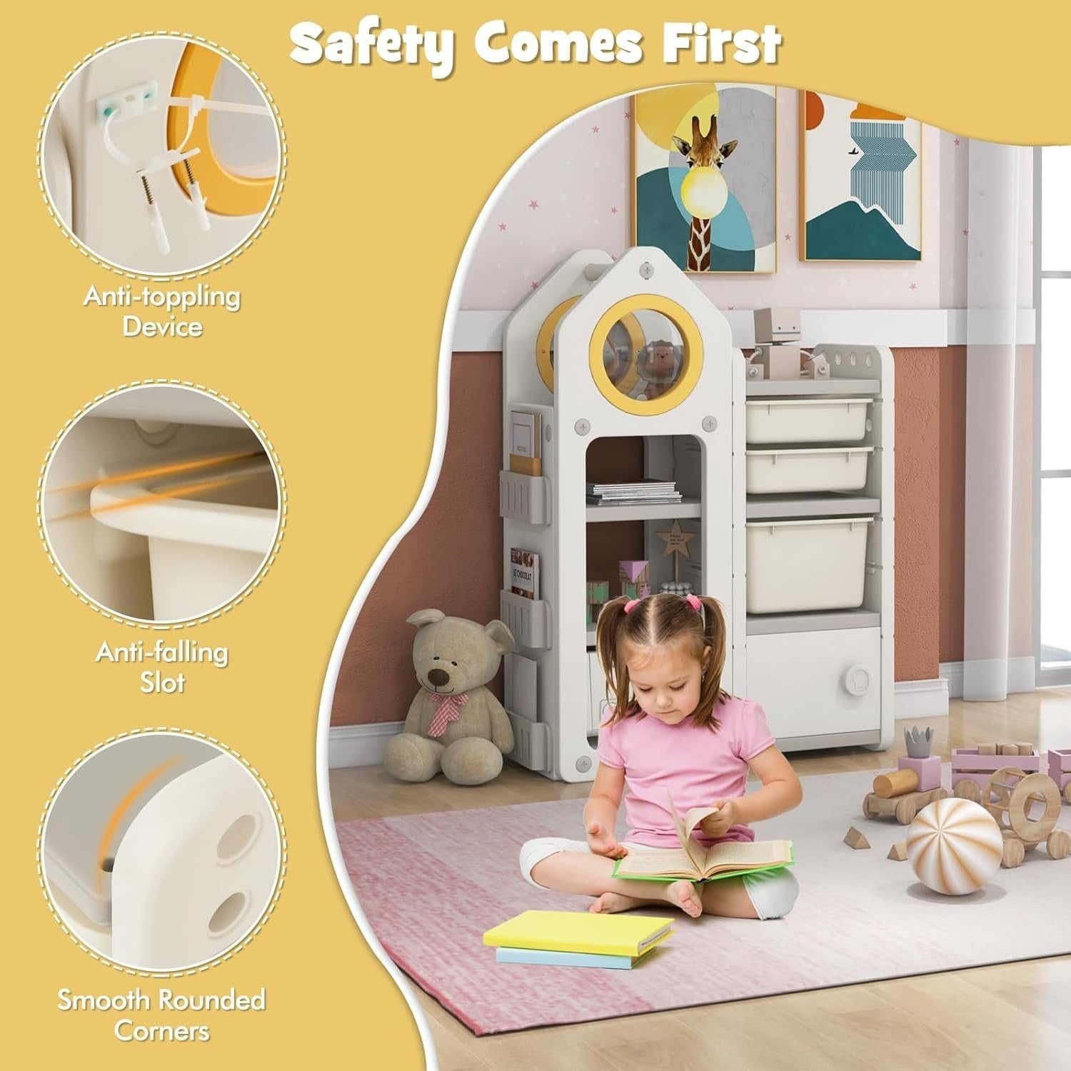 Kids Toy Storage Unit with Bins Drawers Cabinet & Bookshelves House Shape