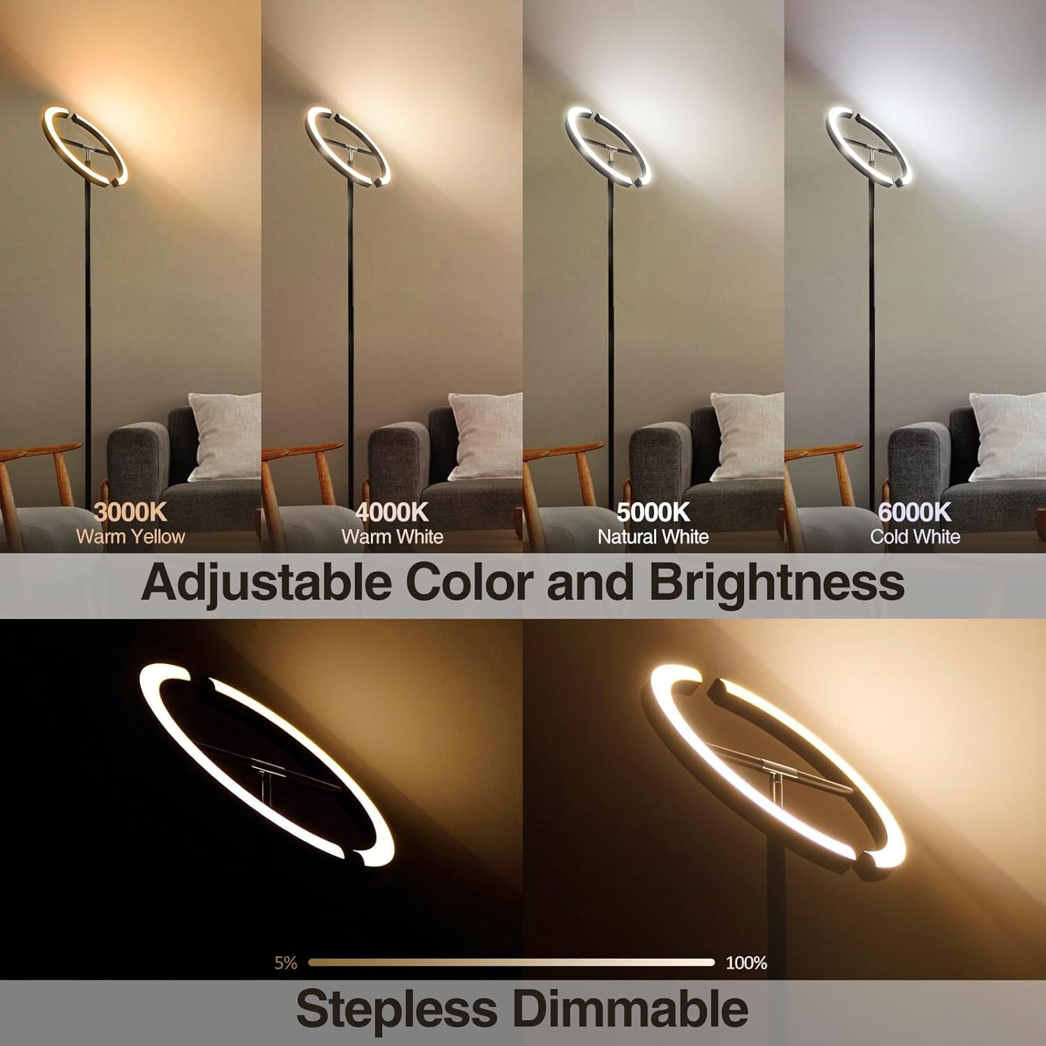 Modern LED Uplighter Floor Lamp Dimmable Remote Touch 3000–6000K 22W Light