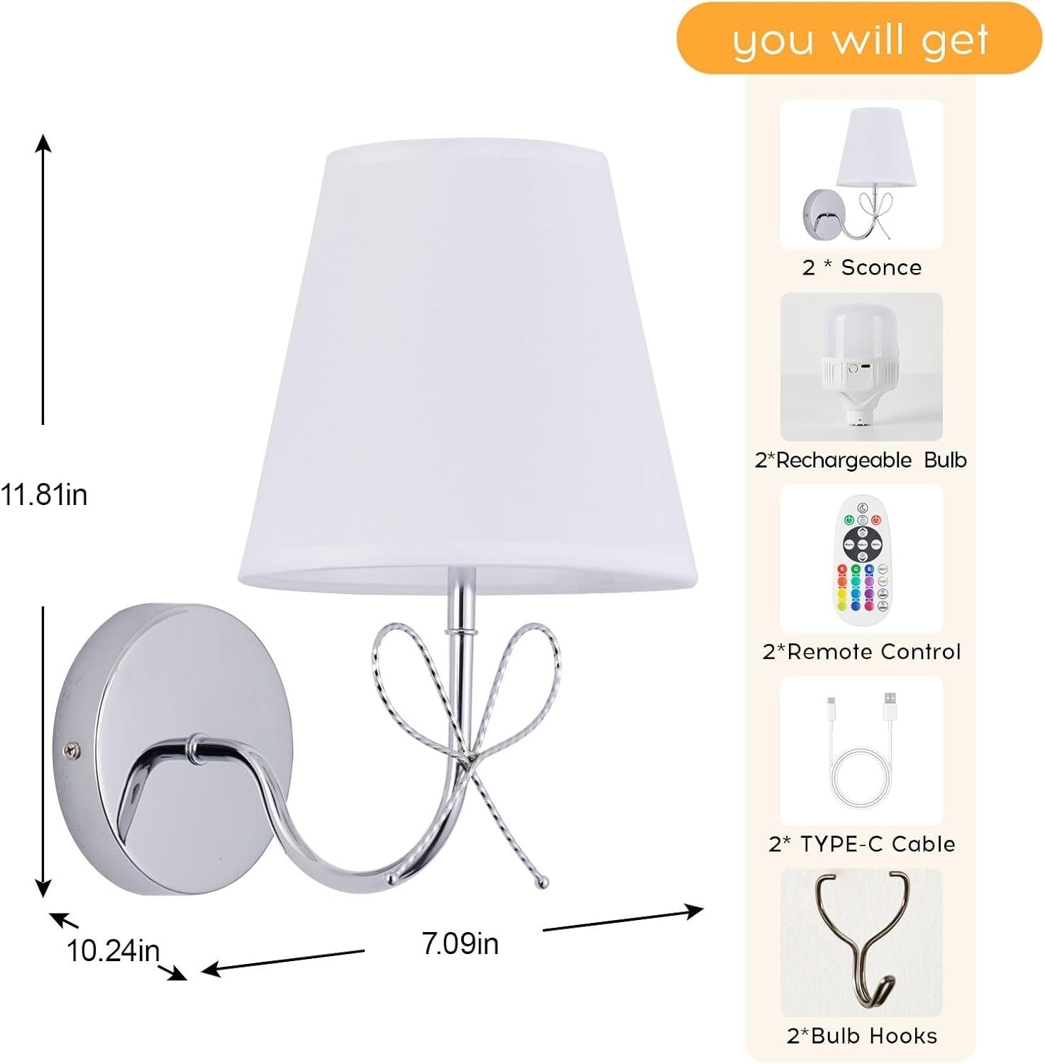 Wireless Wall Lights Chrome Set of 2, 15 RGB Colours, Remote & Timer, No Wiring