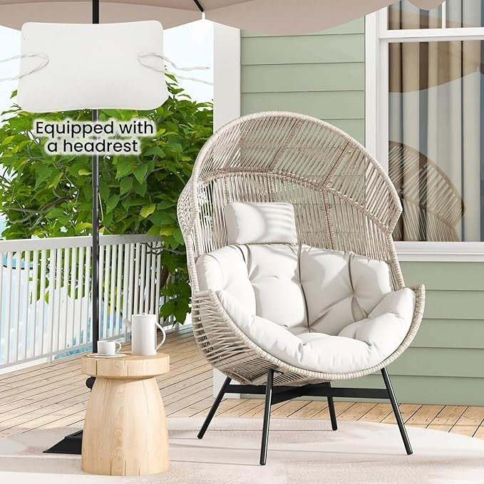 Oversized Rattan Egg Chair Outdoor Recliner with Cushions & Headrest – Max 180kg