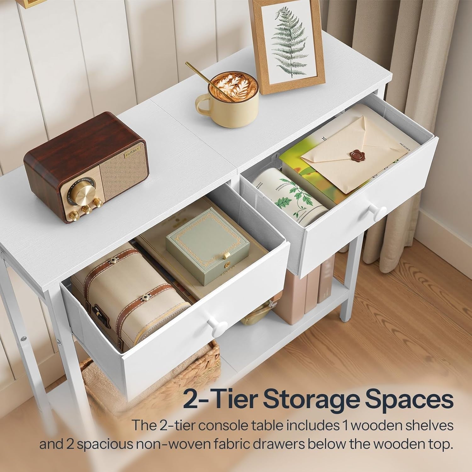 White Slim Console Table with Drawers & Shelf, Narrow Entryway Storage