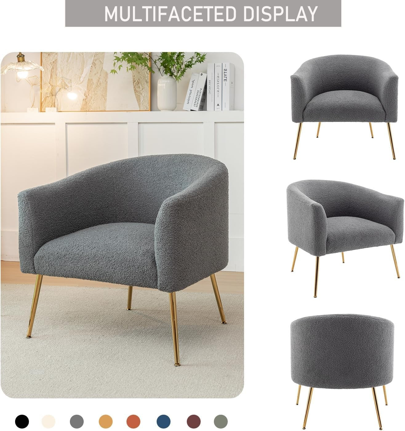 Grey Sherpa Accent Chair Barrel Armchair Gold Legs