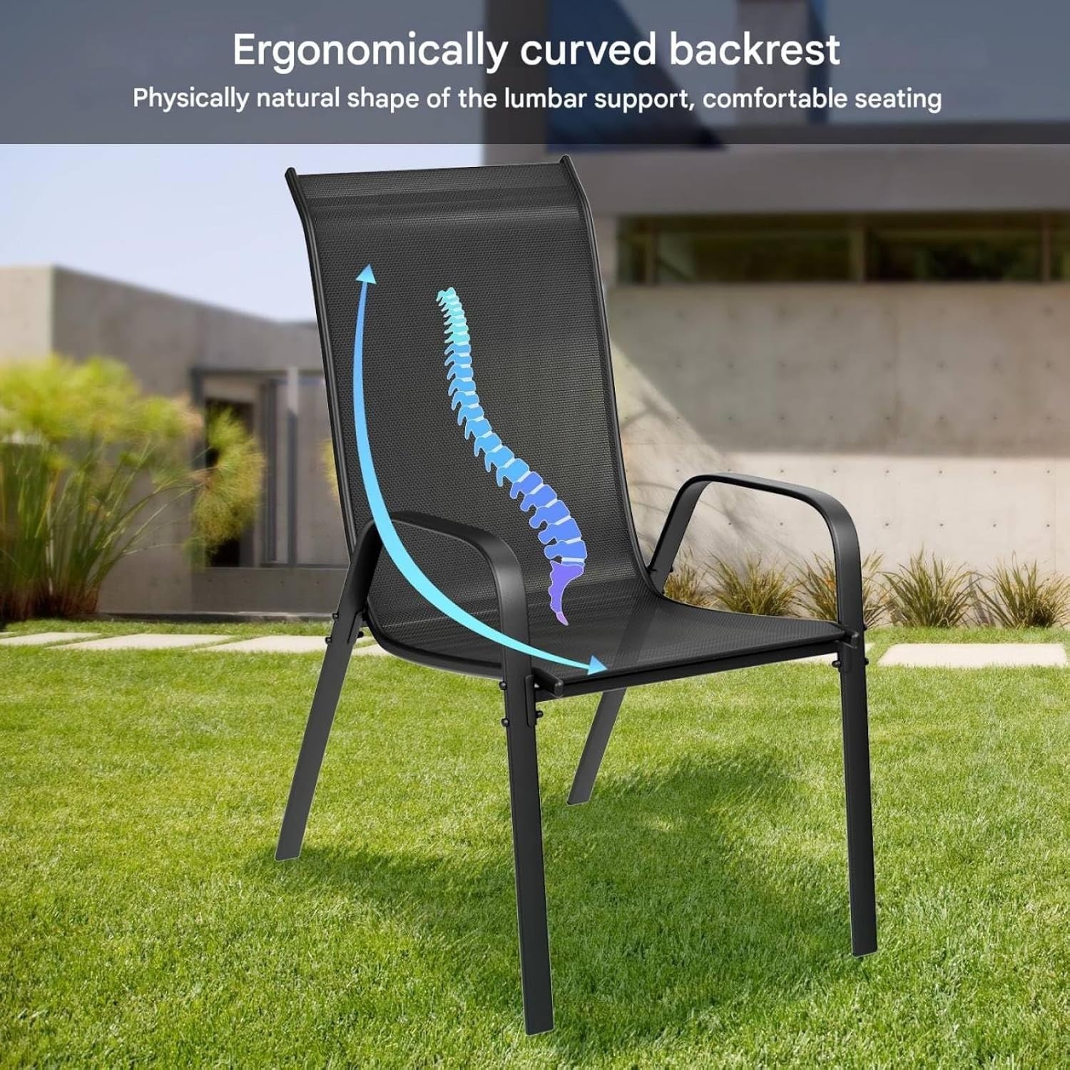 Set of 6 Stackable Garden Chairs High Back Armrest Outdoor Patio Seats