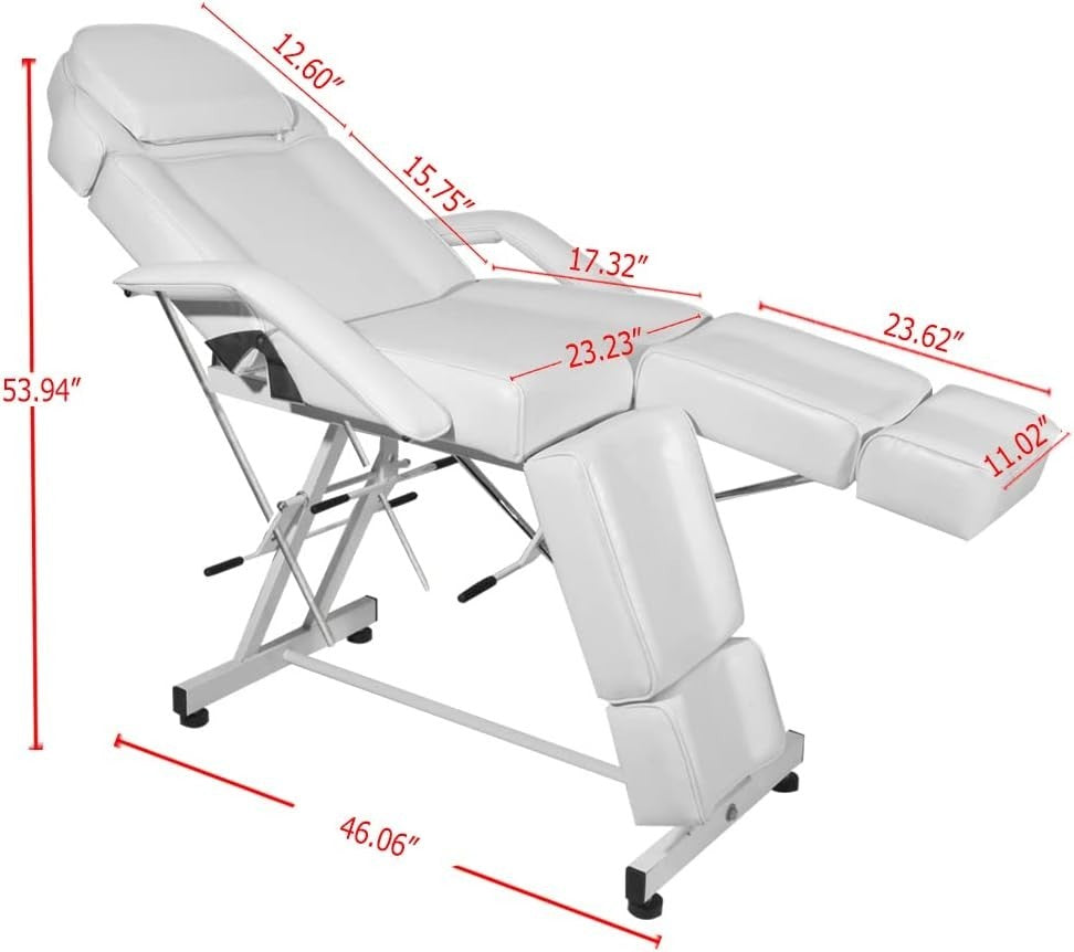 Split-Leg Tattoo Chair Adjustable Massage Beauty Bed w/ Armrests Headrest White