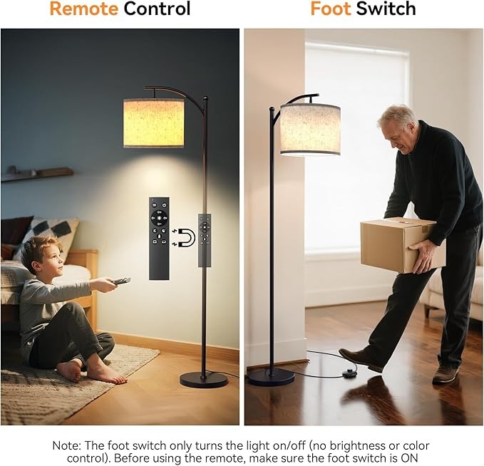 Arc Floor Lamp Dimmable Remote Control Modern Standing Light Beige Shade