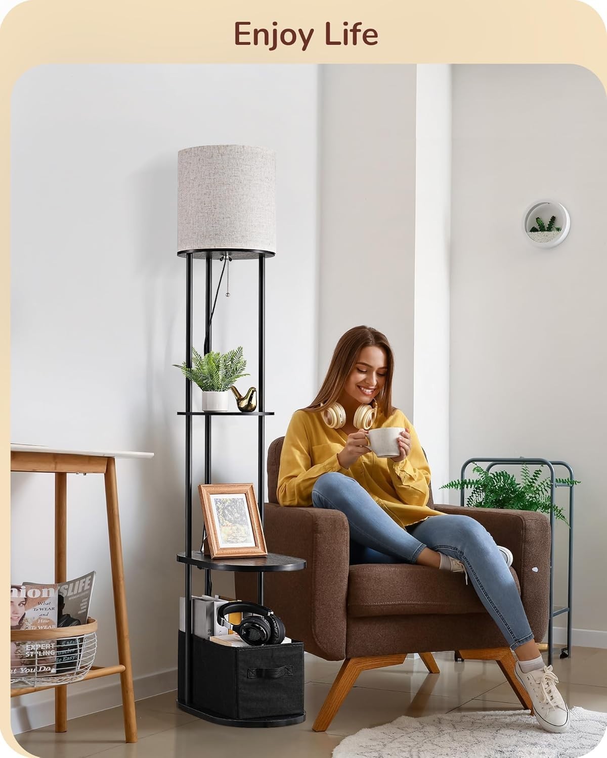 LED Floor Lamp with Storage Shelves, USB Charging, 3 Color Temps, 65” Tall