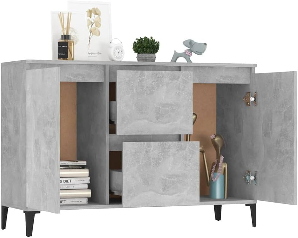 Concrete Grey Sideboard Cabinet Storage Unit 2 Doors 2 Drawers Metal Legs