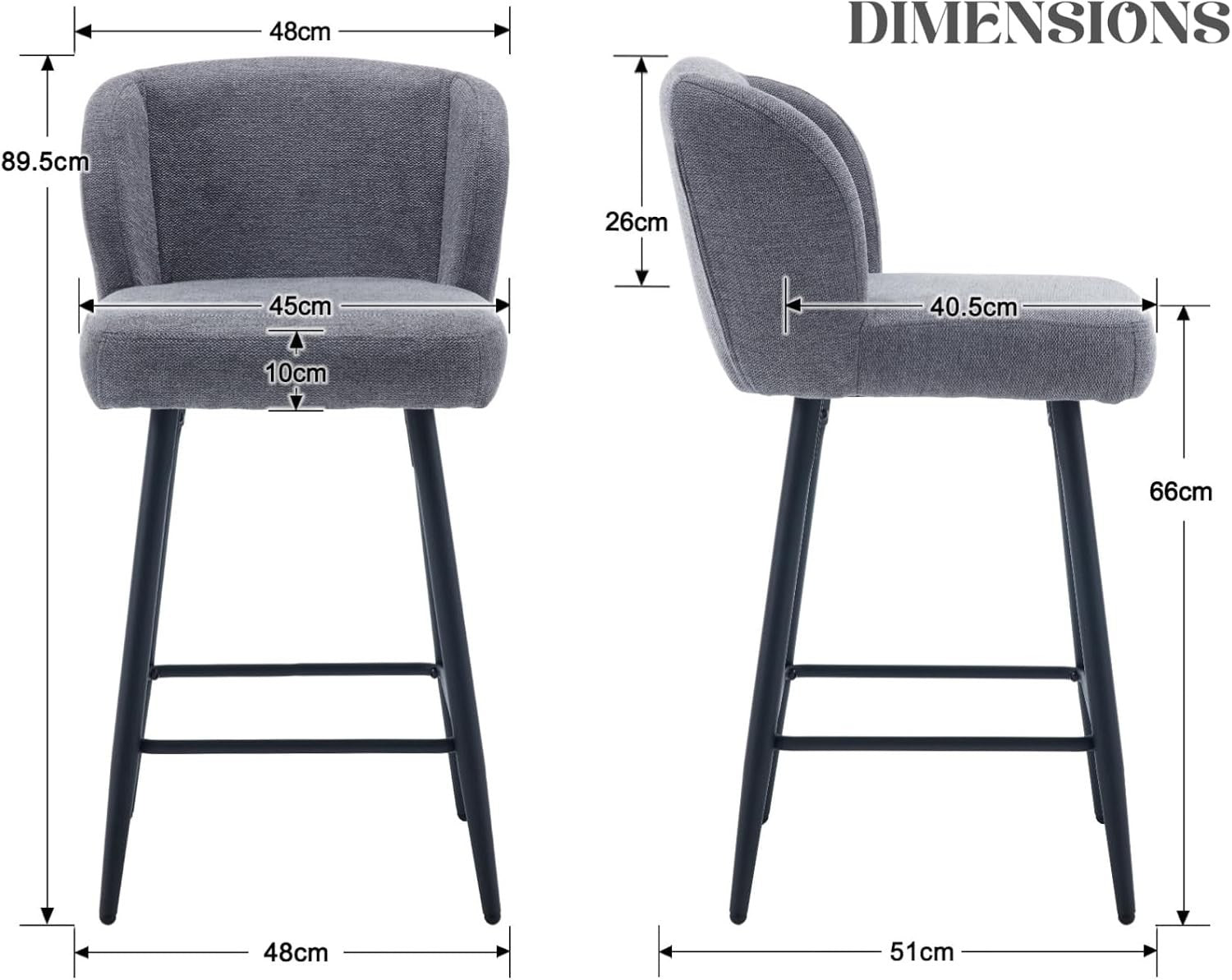 Grey Linen Bar Stool Set 2 – Upholstered High Counter Kitchen Chairs
