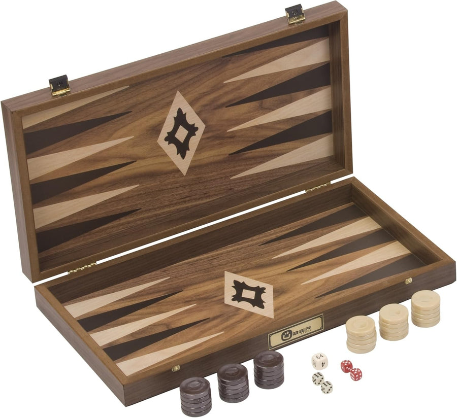 Walnut Backgammon Set Luxury Wooden Foldable Board Mother of Pearl