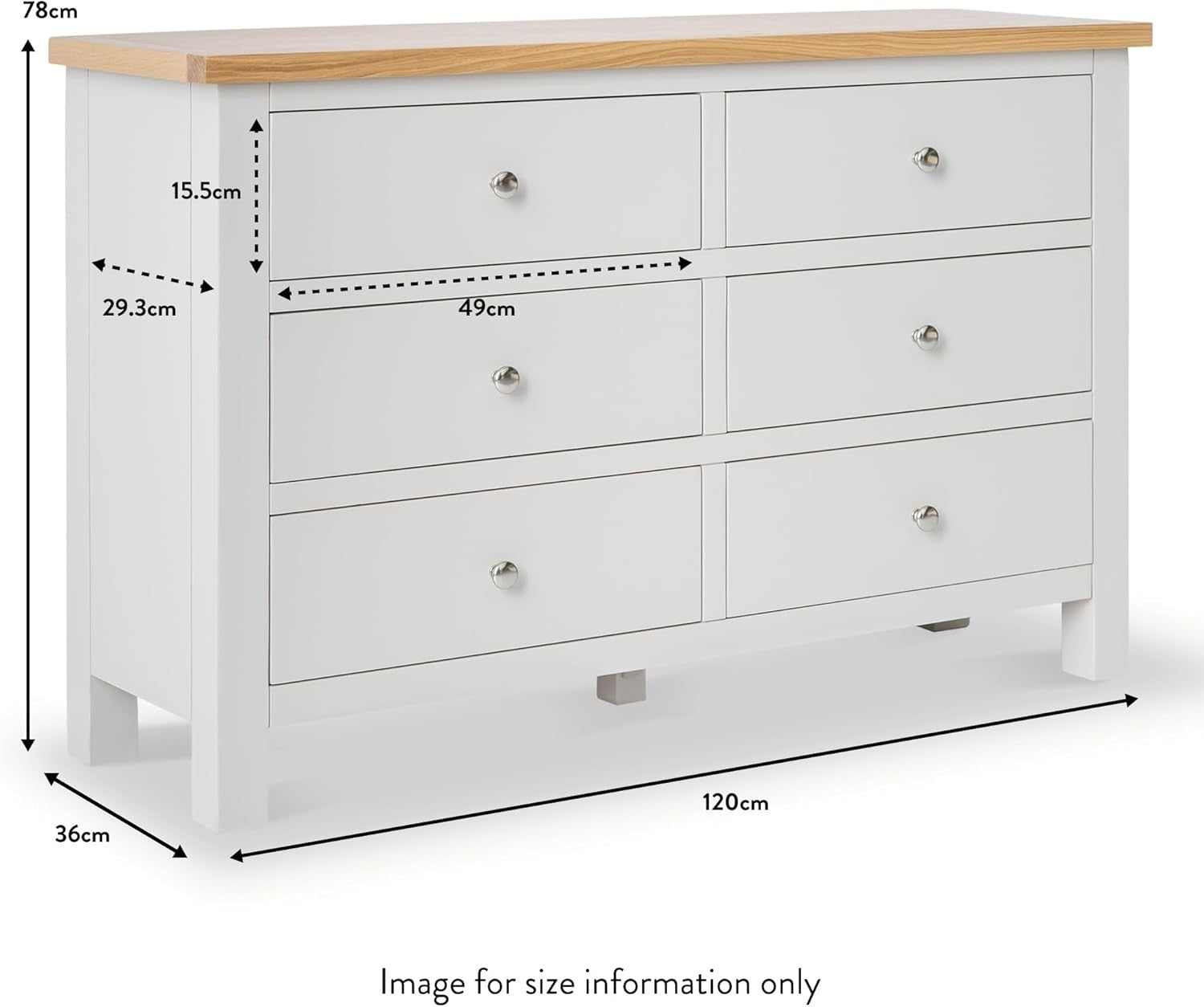 Large Grey Wooden Chest of Drawers 6 Spacious Drawers Solid Oak Top 78x120cm