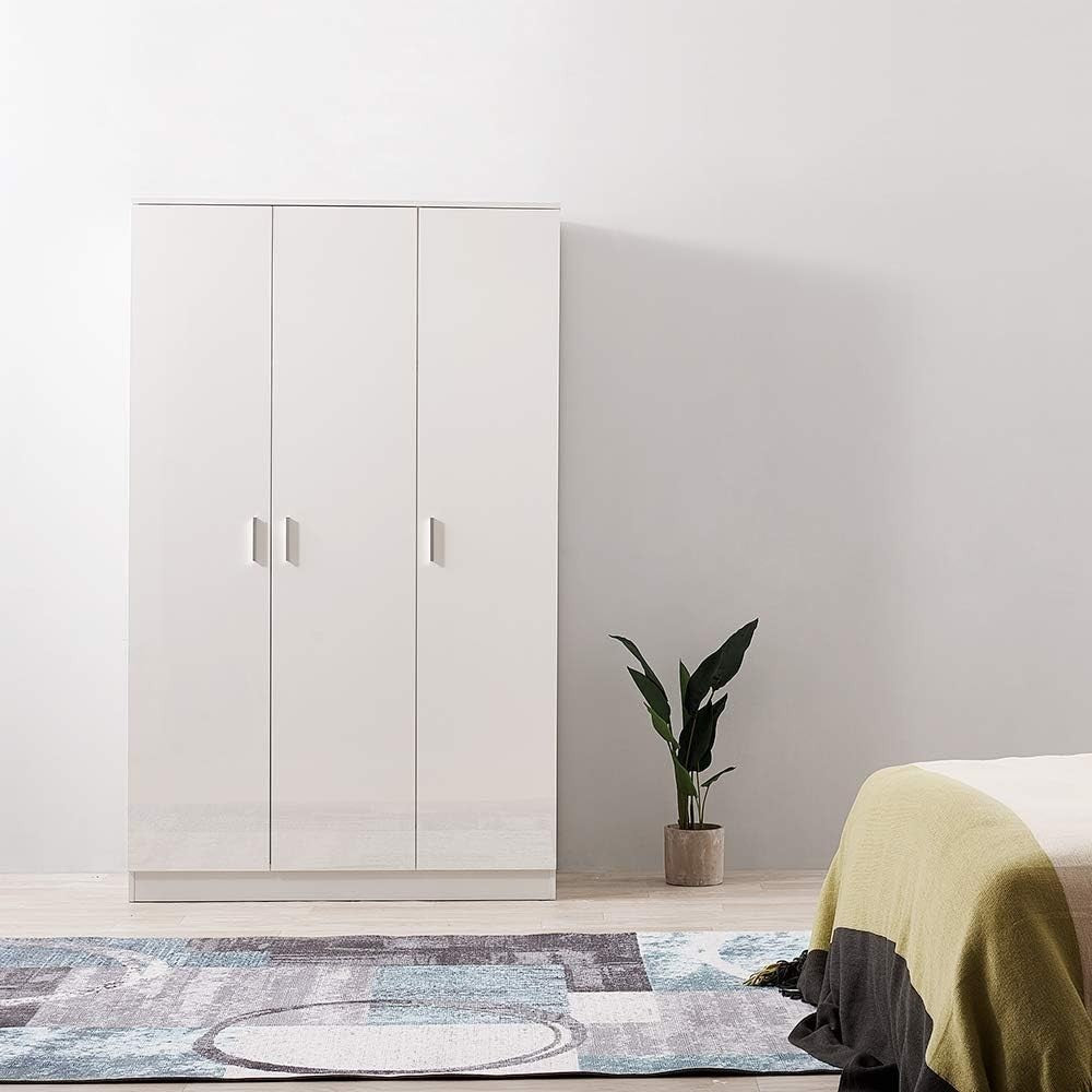 Modern 3 Door White Wardrobe with Hanging Rail & Foldable Storage Shelves
