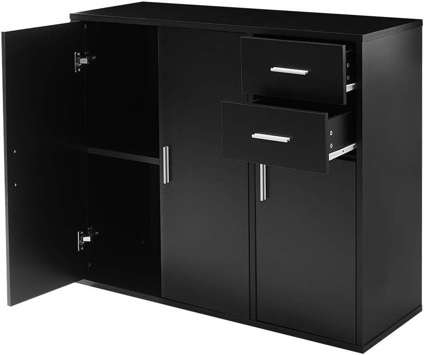 Black Sideboard Cabinet with Drawers & Doors Modern Storage Unit 100cm