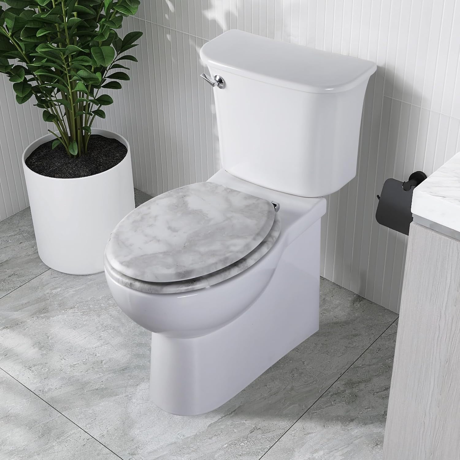 Wooden Toilet Seat Gray Marble | Quick Release Adjustable Hinges 45x37cm Oval
