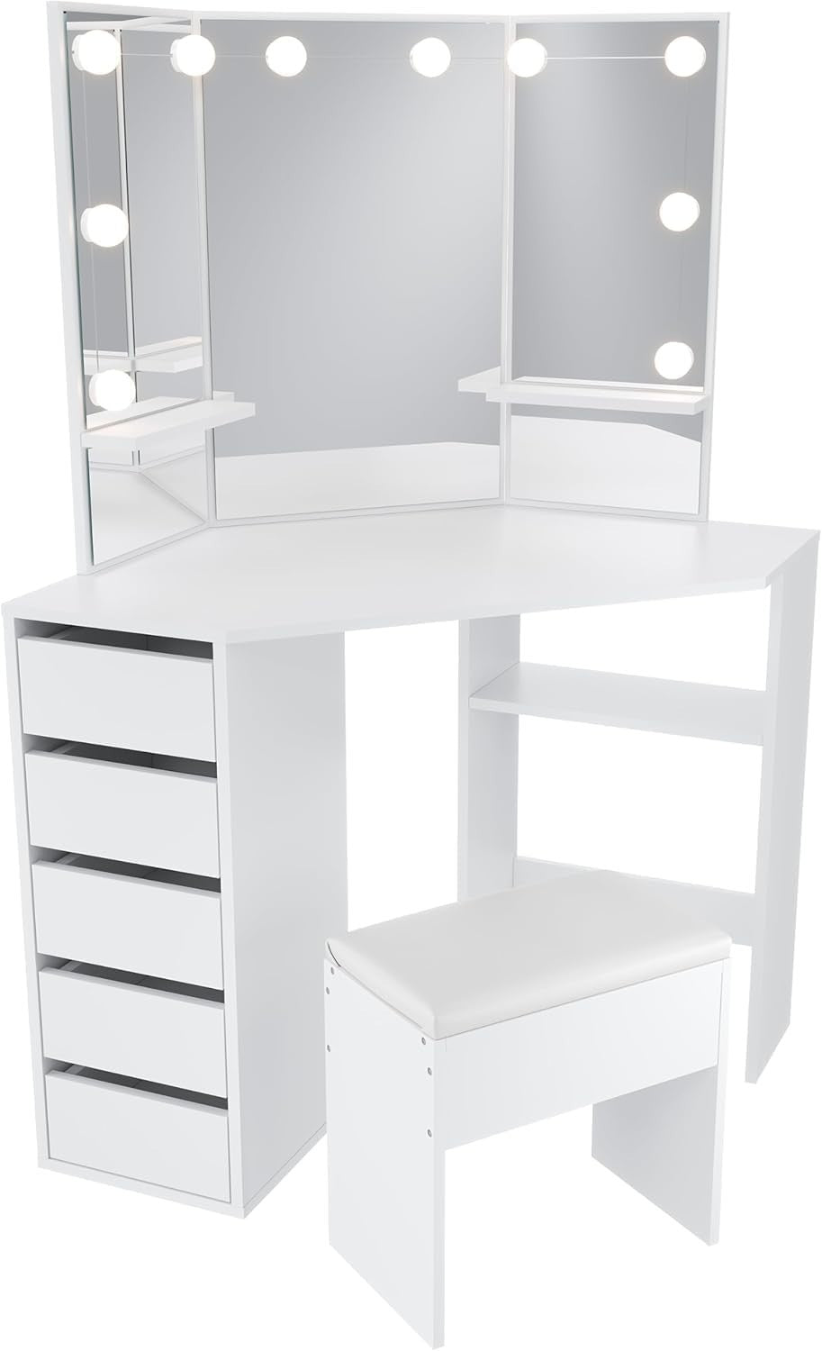 Corner Dressing Table Vanity Desk with Mirror 5 Drawers Storage White Wood Makeu