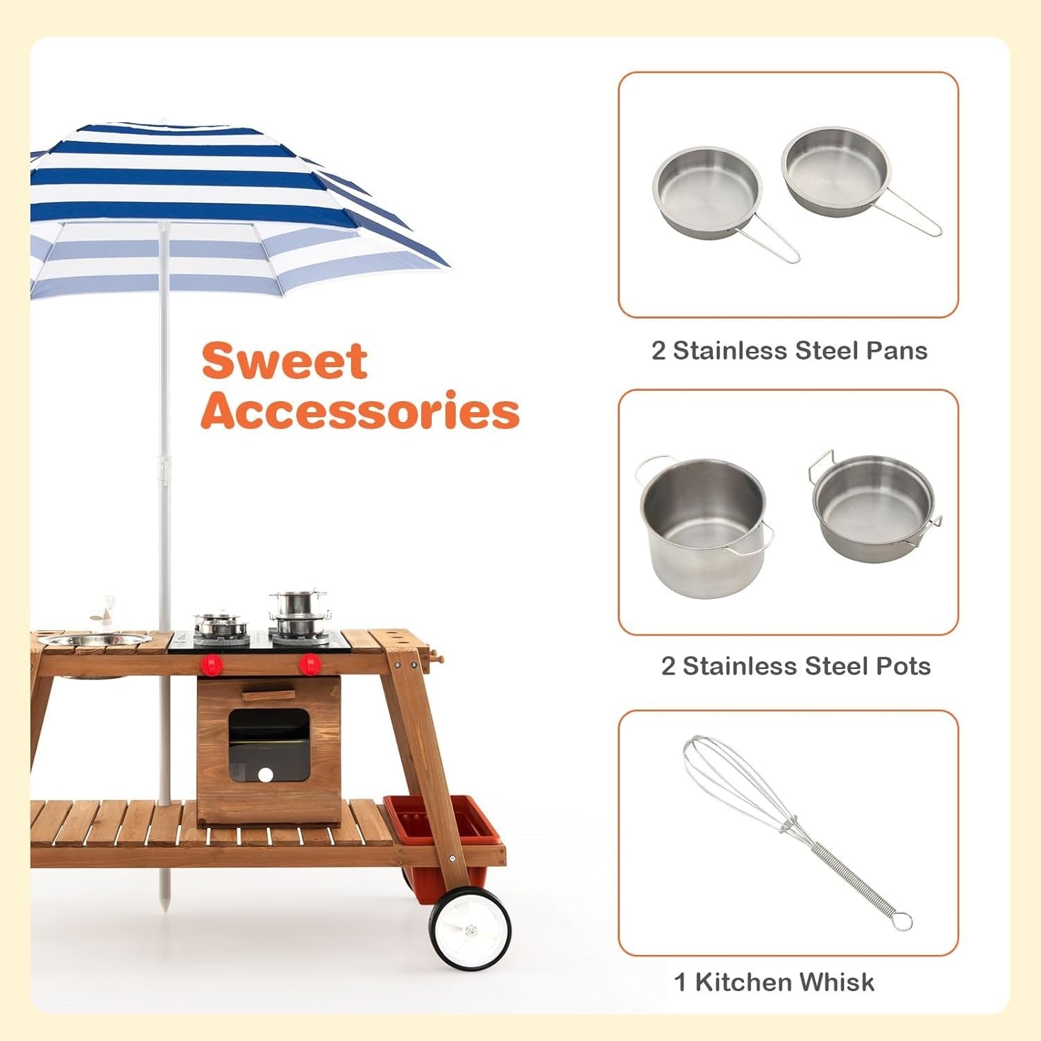 Wooden Mud Kitchen Outdoor Kids Cooking Cart Sink Umbrella Blue Toy
