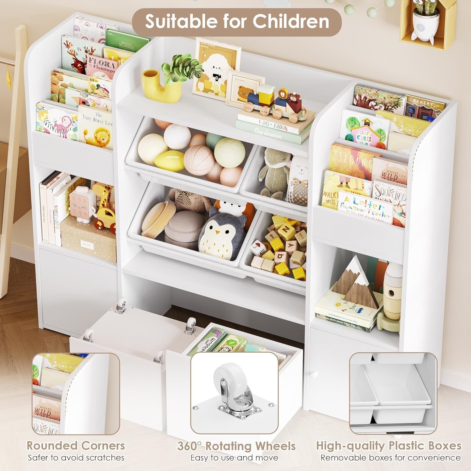 Kids Toy Storage Cabinet Bookshelf with Drawers Doors Bins 6-in-1 Unit White