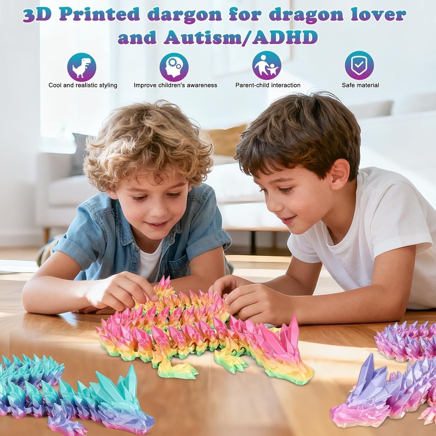 Large 3D Printed Rainbow Crystal Dragon Articulated Fidget Desk Decor