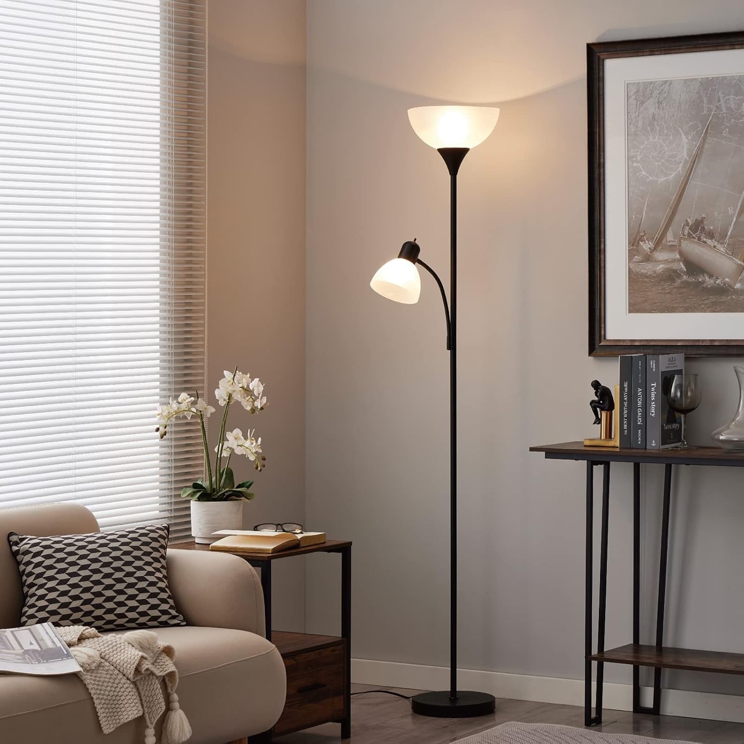 2 Head Floor Lamp with Reading Light Black White Shade Tall Standing Lamp 68"