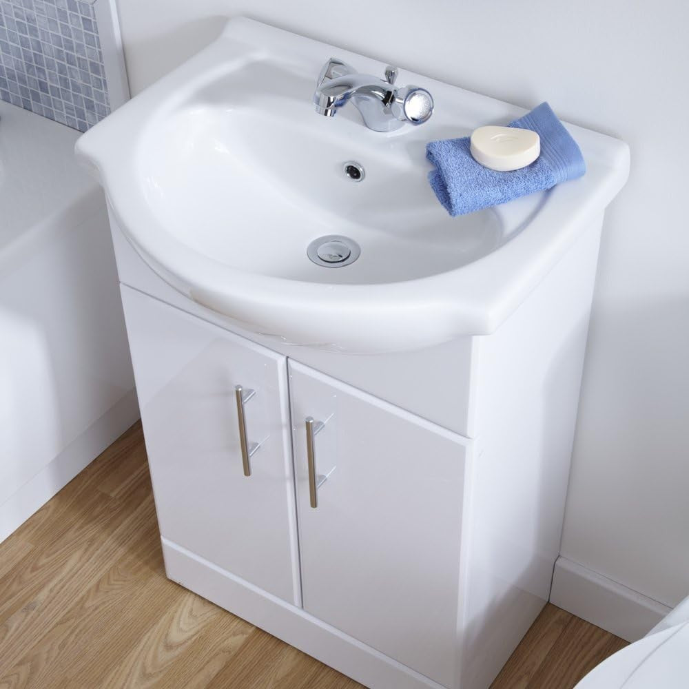 Modern White Gloss Bathroom Vanity Sink Cabinet 55cm Basin Unit Storage Cupboard