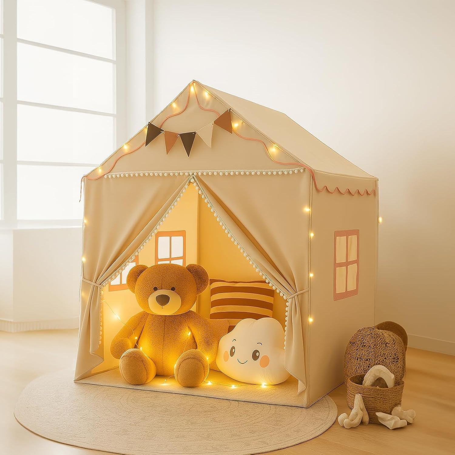 Large Kids Play Tent Indoor Outdoor w Mat Light 2 Doors 4 Windows