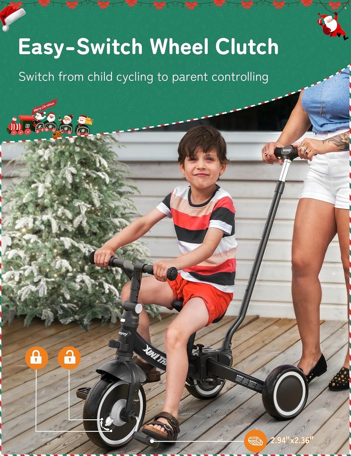5 In 1 Toddler Tricycle Push Handle Foldable Balance Bike Black 1-5Y