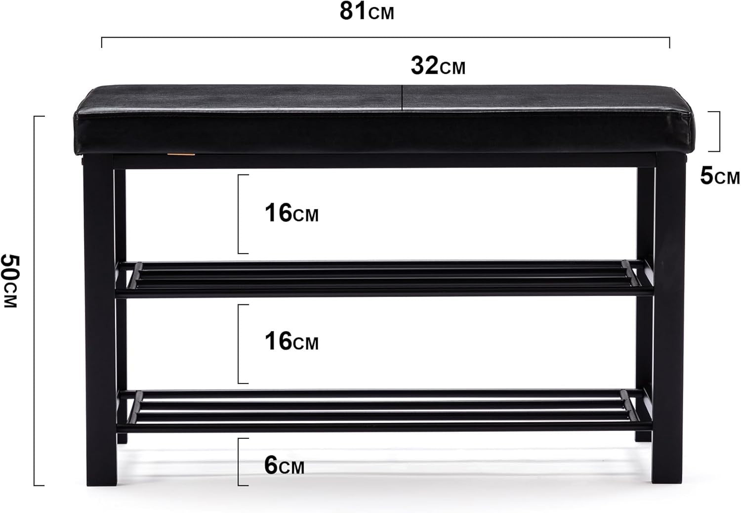 Black Faux Leather Shoe Storage Bench – 3-Tier Industrial Entryway Seat