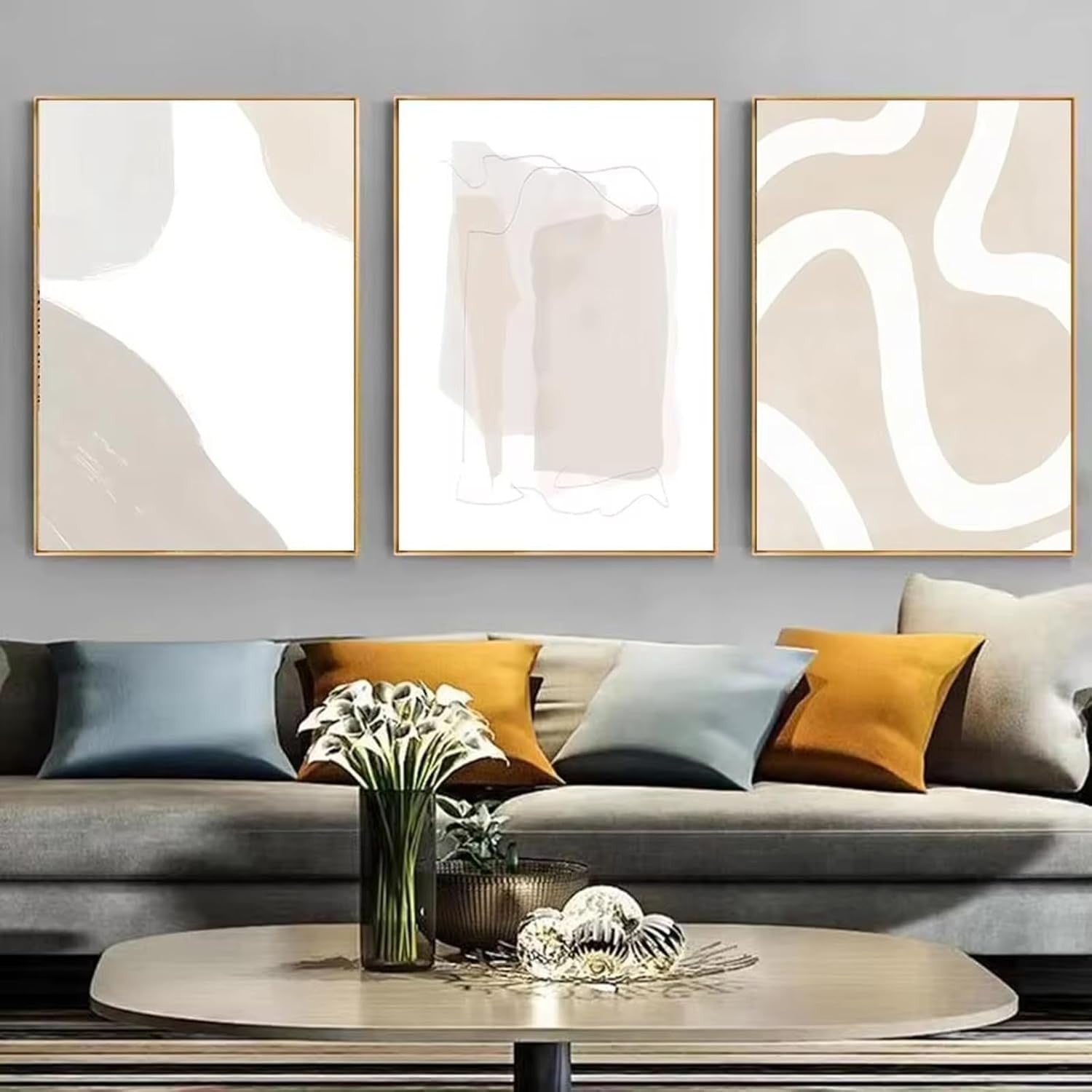 Abstract Beige Grey Wall Art Set of 3 Canvas 16x24in Minimalist