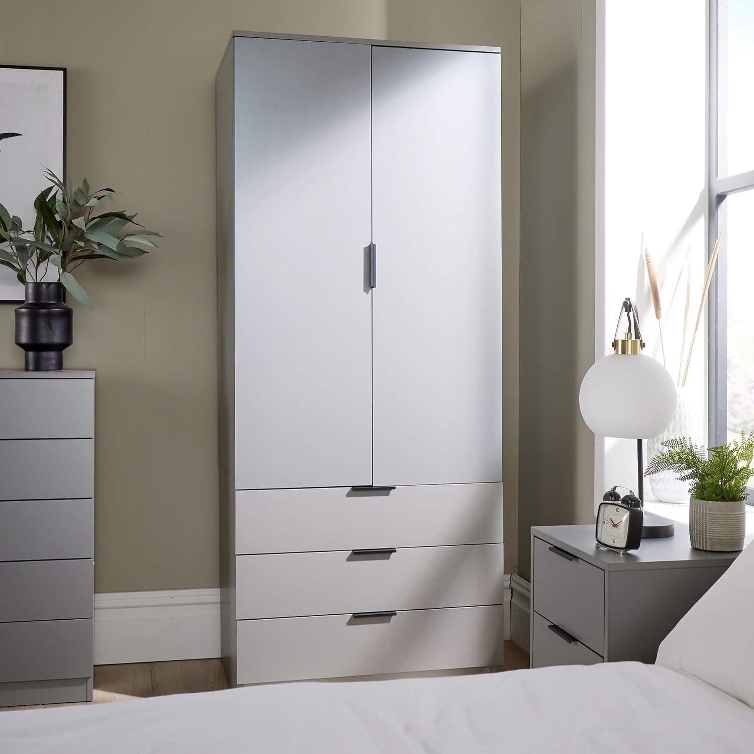 Grey 2 Door Wardrobe with Drawers & Rail – Bedroom Storage Cabinet Unit
