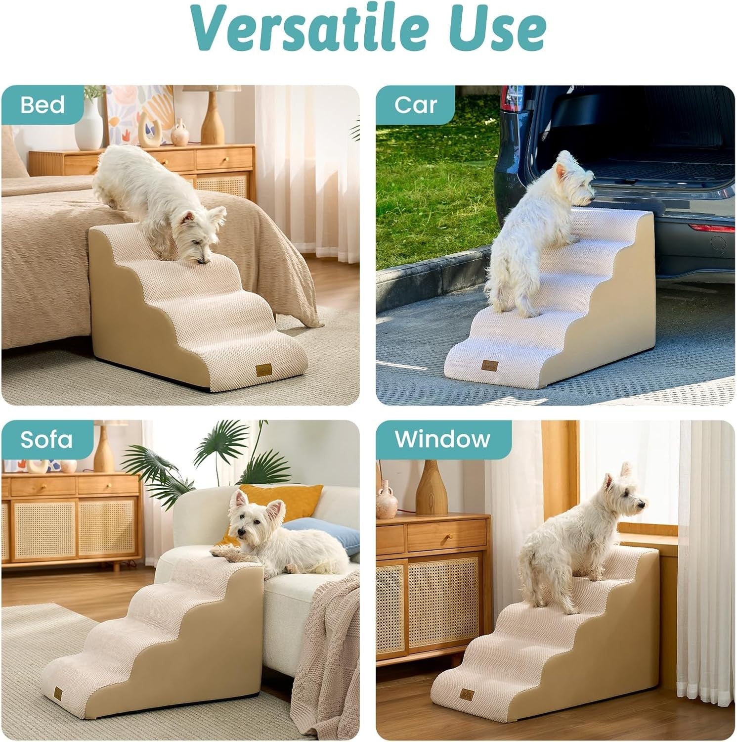 Dog Stairs 4 Step 19.7in Foam Pet Ramp for Bed Sofa Car Beige