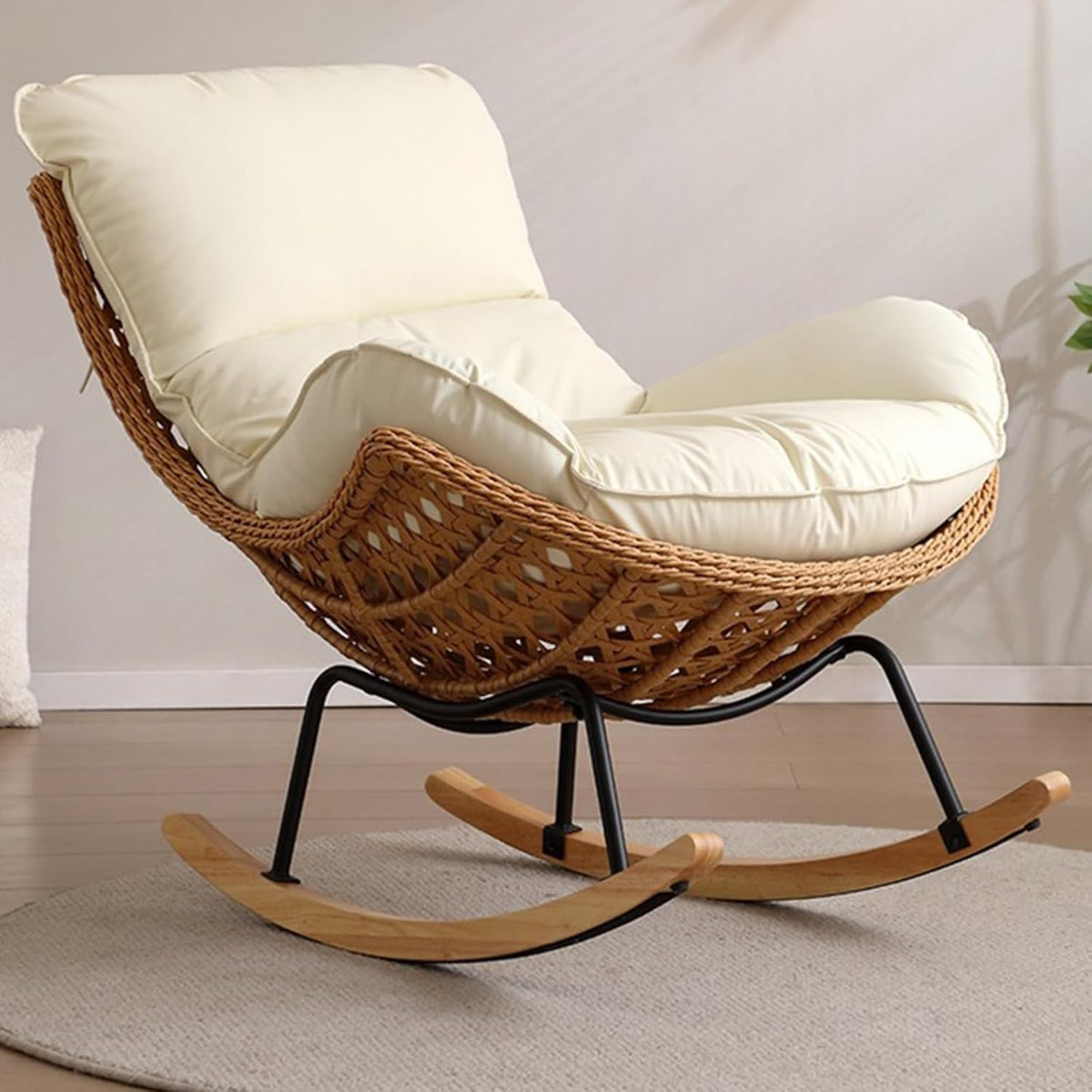 Oversized Khaki Rocking Chair with Plush Teddy Upholstery & Durable Rattan