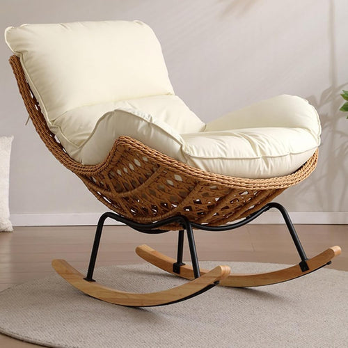 Oversized Khaki Rocking Chair with Plush Teddy Upholstery & Durable Rattan
