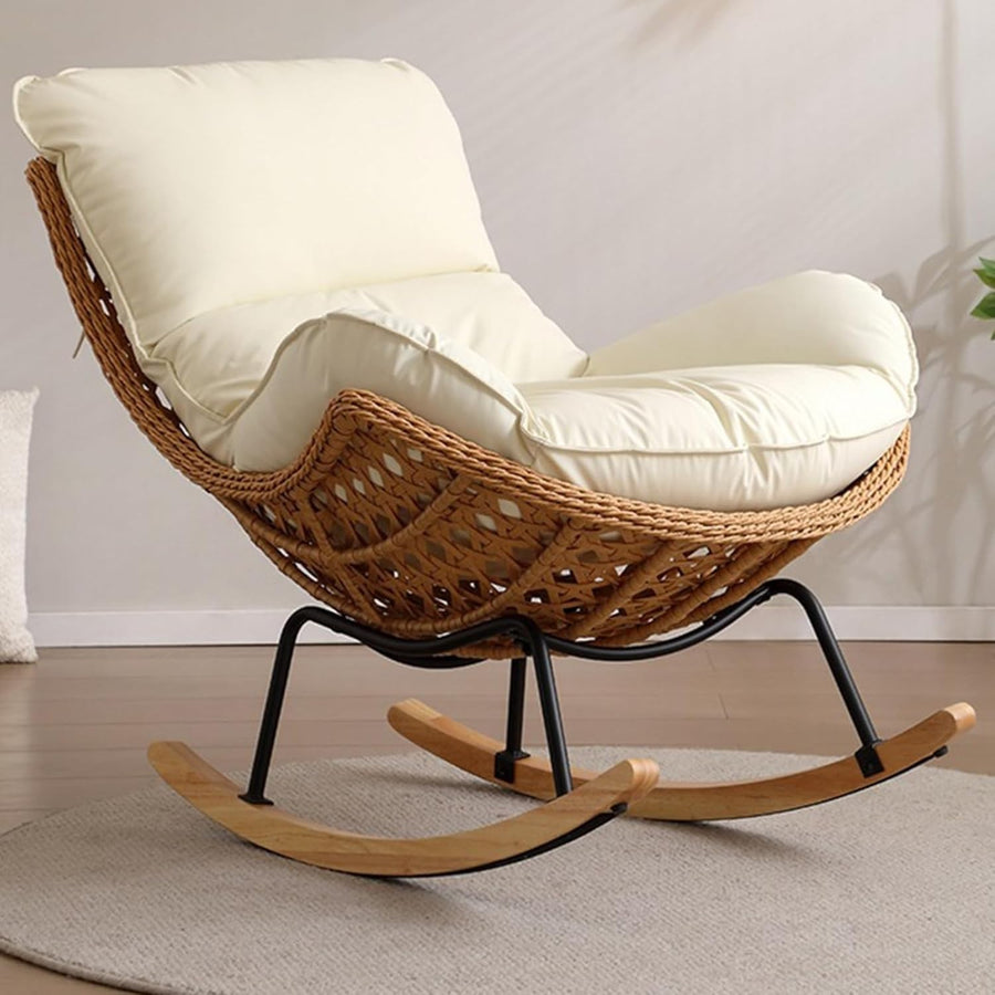 Oversized Khaki Rocking Chair with Plush Teddy Upholstery & Durable Rattan