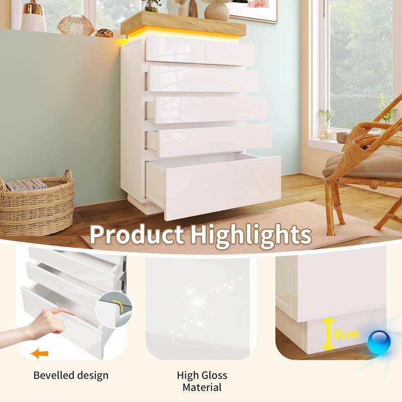Tall High Gloss 6 Drawer Sideboard Cabinet with LED Light Storage White