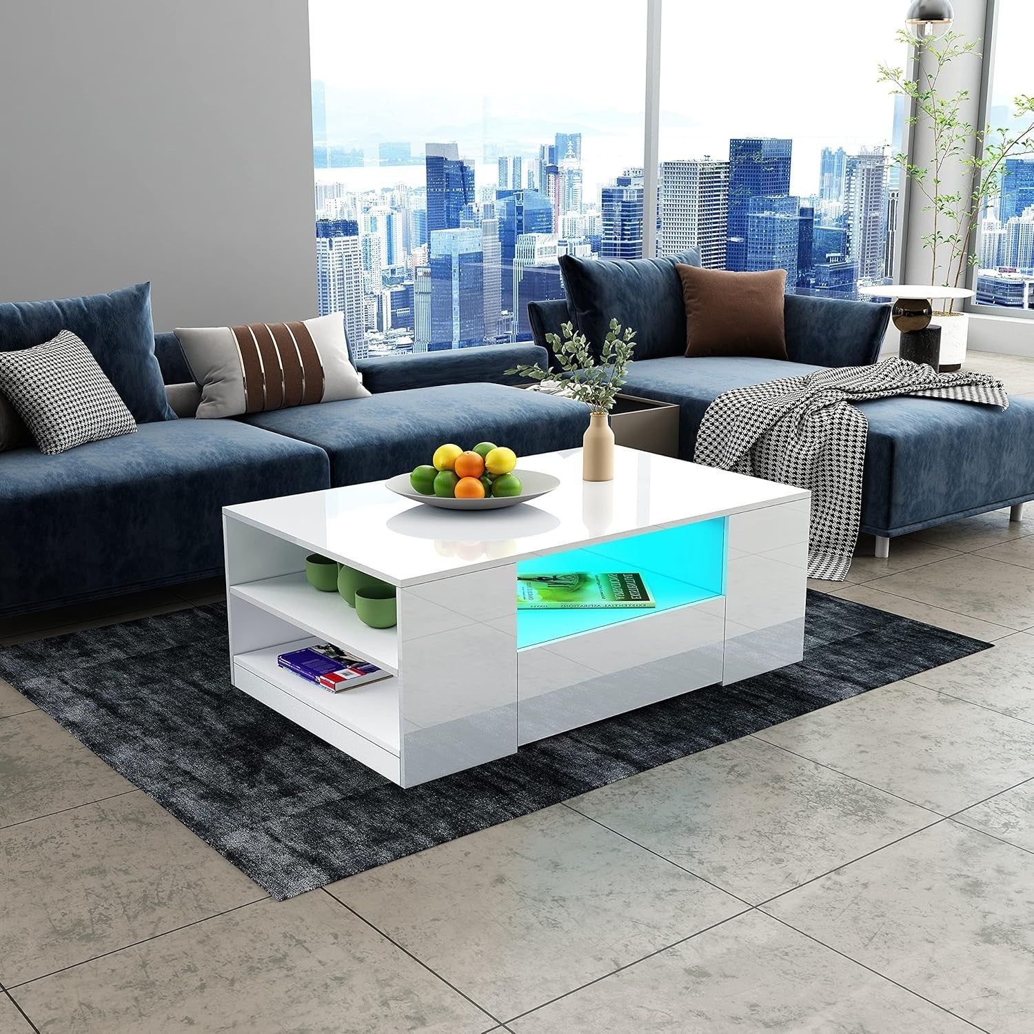 Modern White Gloss Coffee Table with LED Lights & Storage – 95x55x37cm