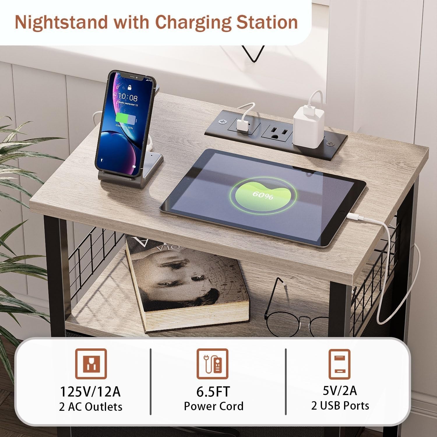 Modern LED Bedside Tables with 3 Drawers & USB Charging – Set of 2, Grey