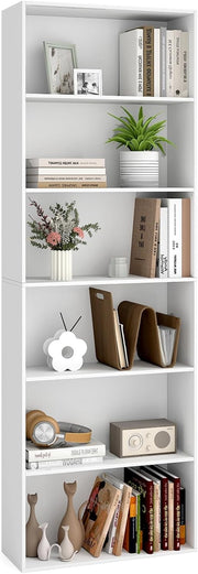 Tall White 6-Tier Bookshelf Storage Unit Modern Display Shelving for Home