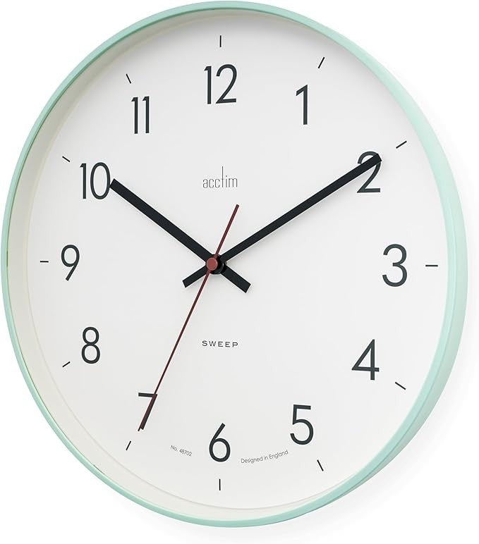 30cm Silent Sweep Wall Clock Mint Green Slimline Modern Easy-Read Design