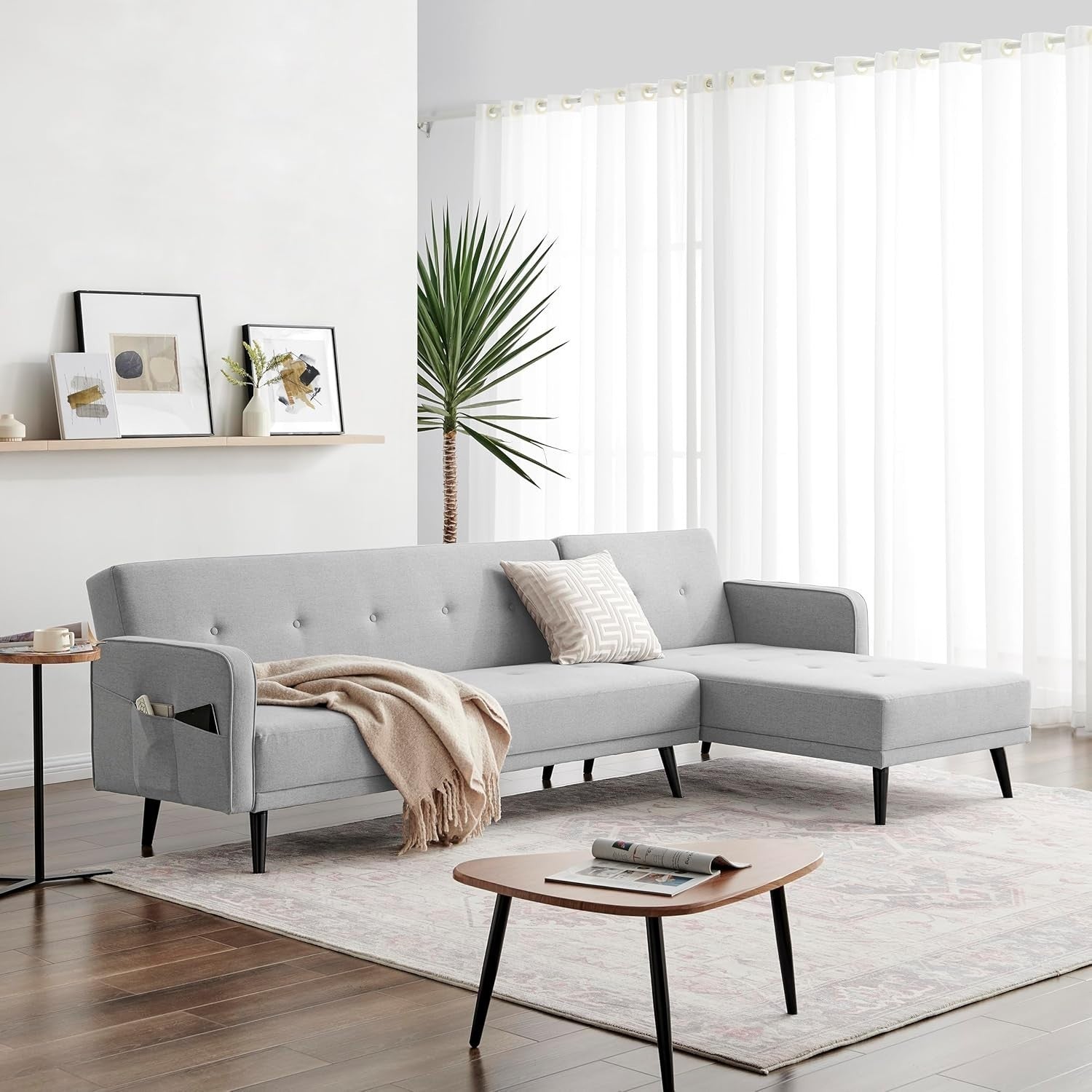 Grey L Shaped Sofa Bed with Chaise Storage Guest Bed Modern Small Double