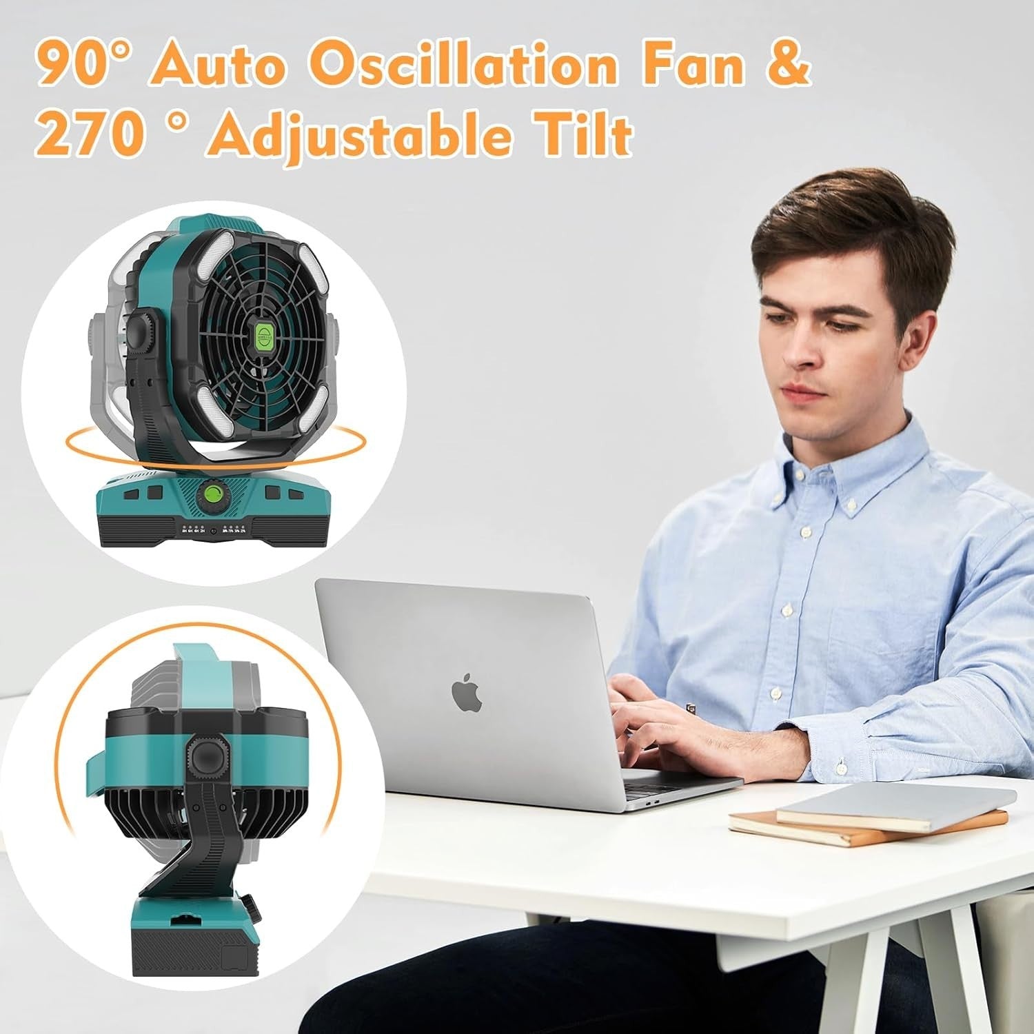 Cyan Camping Fan – 20000mAh Rechargeable w/ LED Light, RGB Ring & Remote Timer