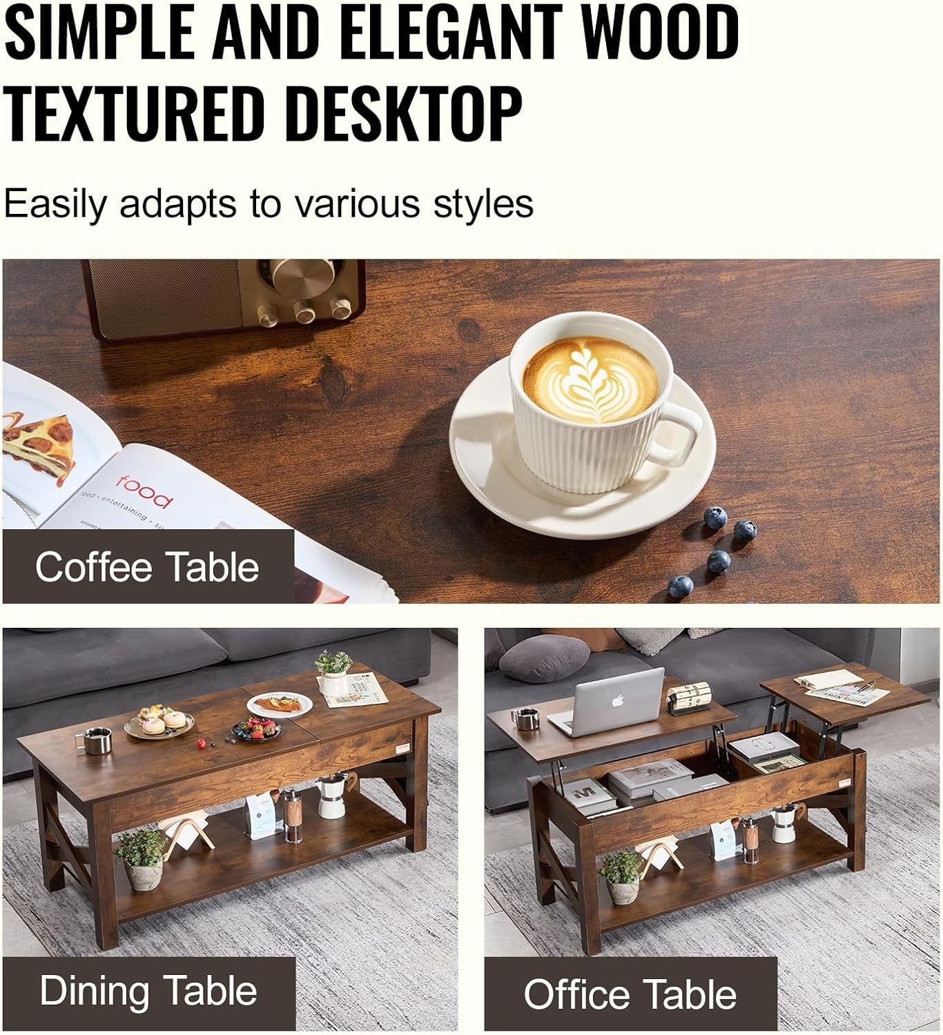 Lift Top Coffee Table with Storage, Pop-Up Wood Table 120cm for Living Room