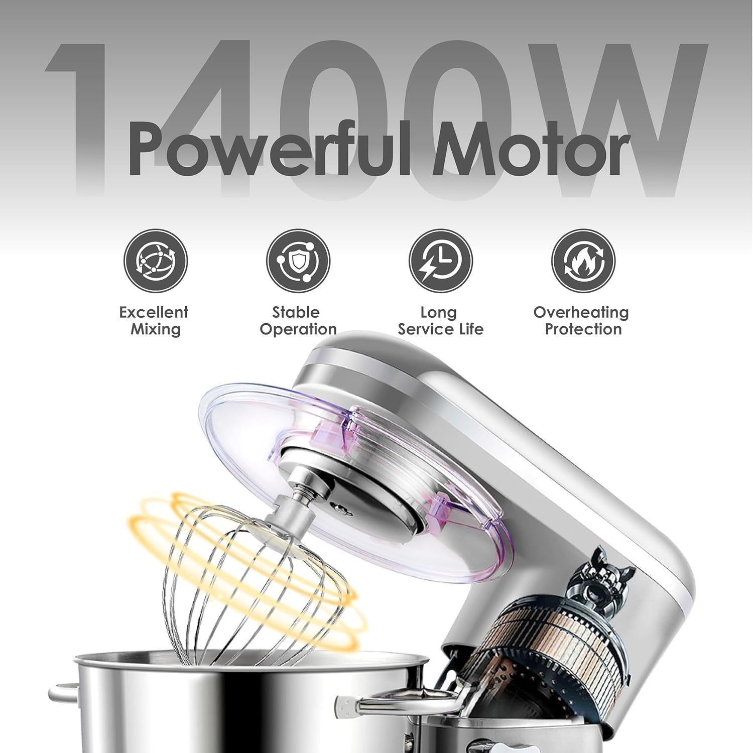 6.2L 1400W Tilt-Head Stand Mixer with Dough Hook Whip & Beater Stainless Steel