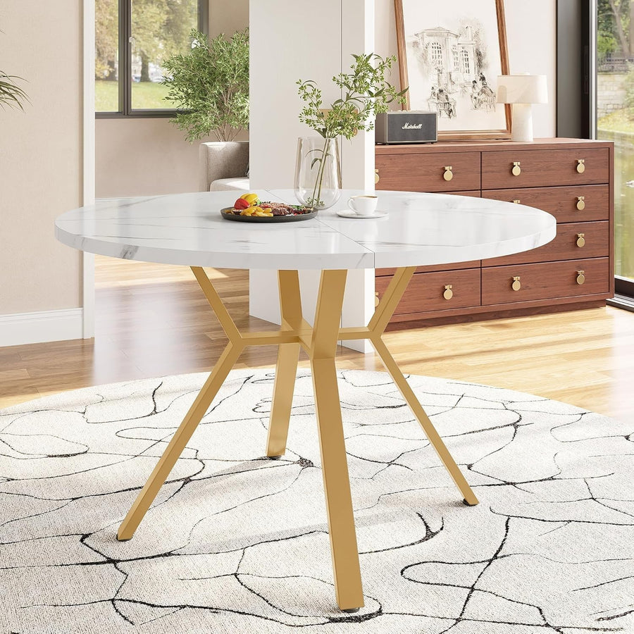 Round White Marble Dining Table Gold Legs Modern Small Kitchen 100cm