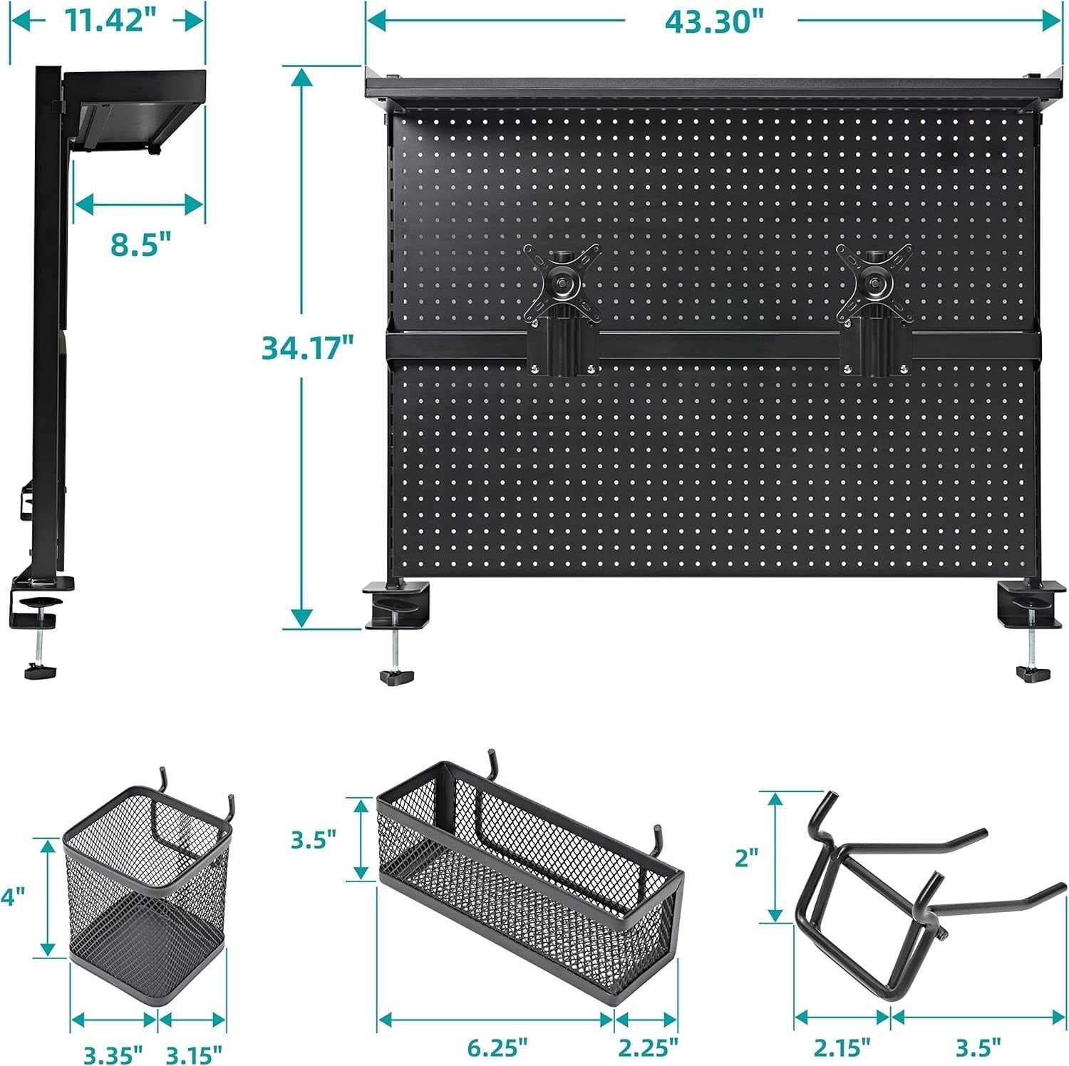 Clamp-On Desk Pegboard w/ Dual Monitor Stand RGB Steel Organizer Black